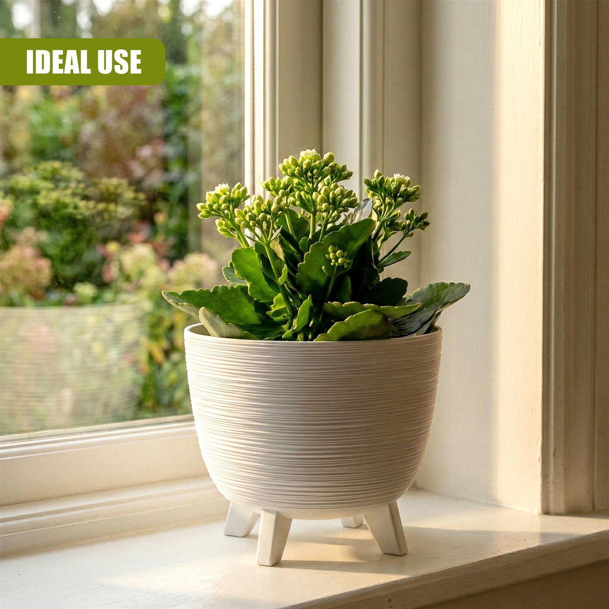 White ceramic planter with textured horizontal rings and small legs, holding fresh green flowers.