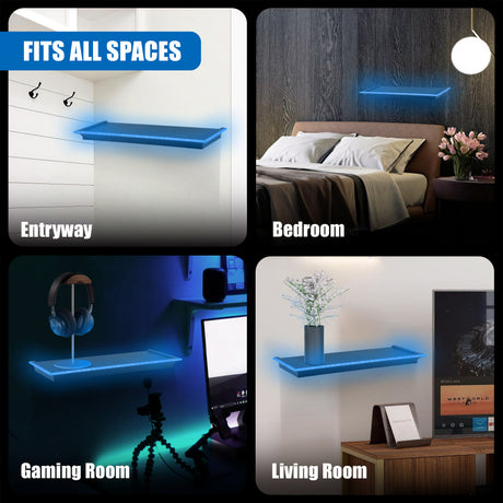 GEEZY floating shelves with LED lights shown in entryway, bedroom, gaming room and living room settings