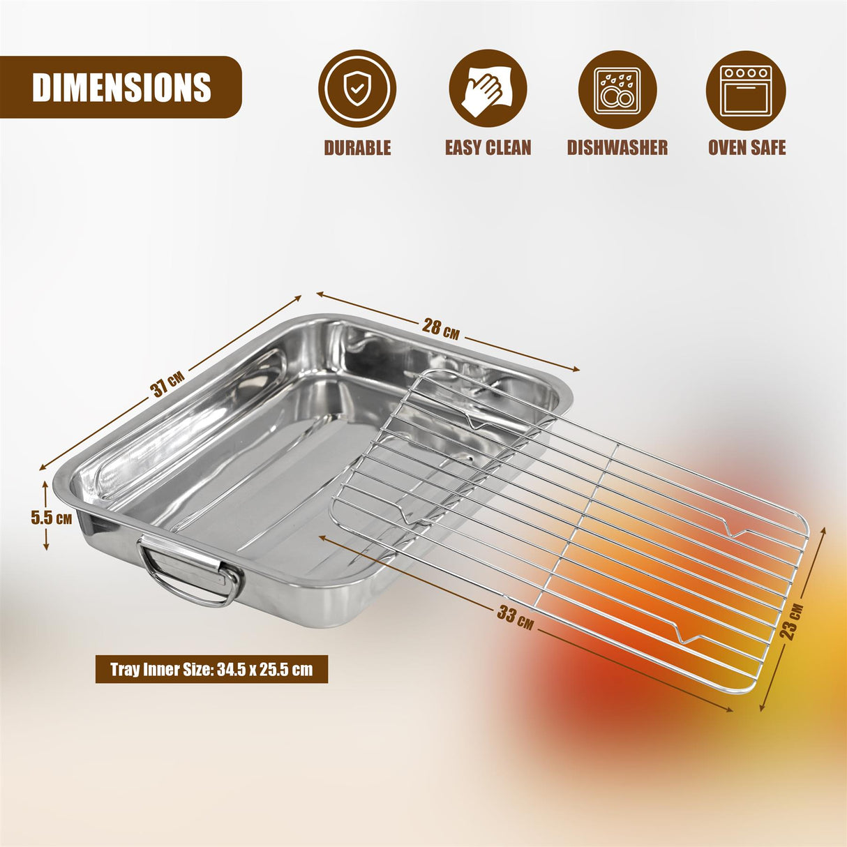 Set of rectangular metal roasting tray and wire rack with visible size dimensions.