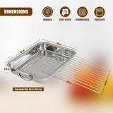 Set of rectangular metal roasting tray and wire rack with visible size dimensions.