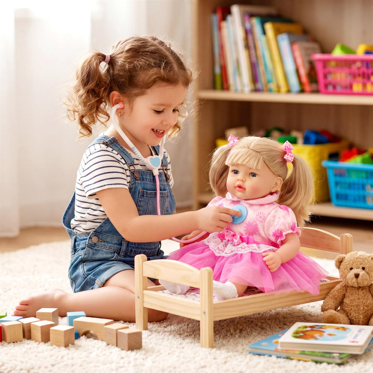 A girl examines a doll lying in a wooden crib amidst various toys and books.