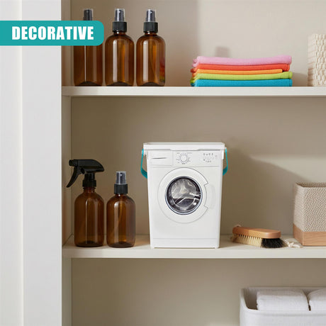 Shelf display featuring a washing machine, soap dispensers, and laundry accessories.