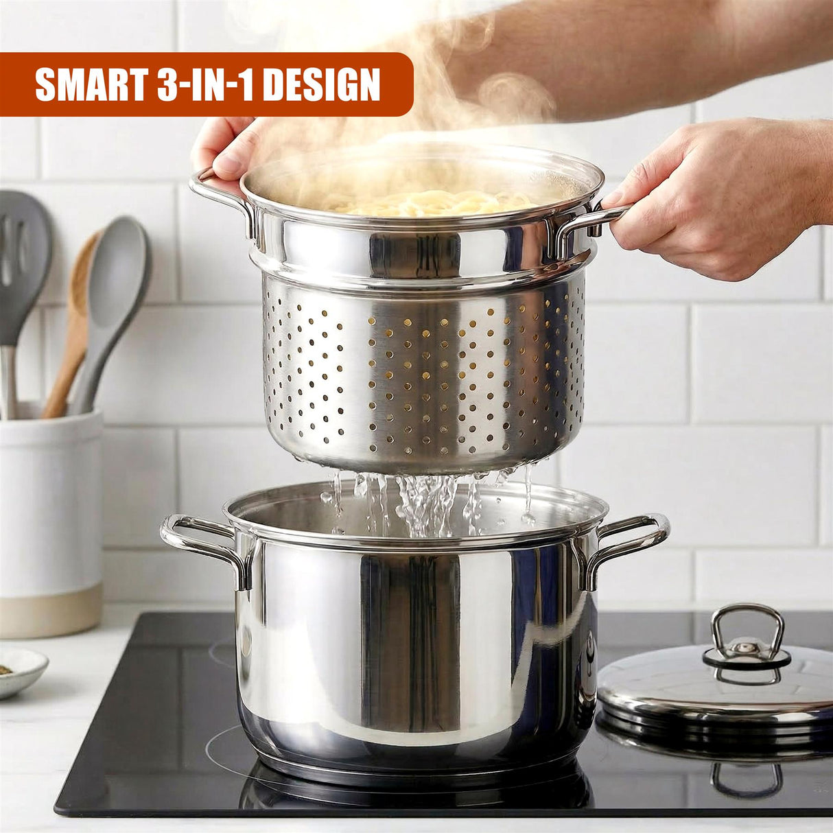 Nested stainless steel cookware system used to strain pasta into the large pot on the stovetop.