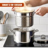 Nested stainless steel cookware system used to strain pasta into the large pot on the stovetop.