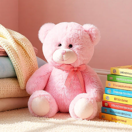A pink, plush teddy bear with a smiling face, sitting on a white, plush carpet, surrounded by a stack of books and a few blankets. The books have colorful, illustrated covers and the blankets are soft, fluffy, and pastel-colored. - UKBuyZone
