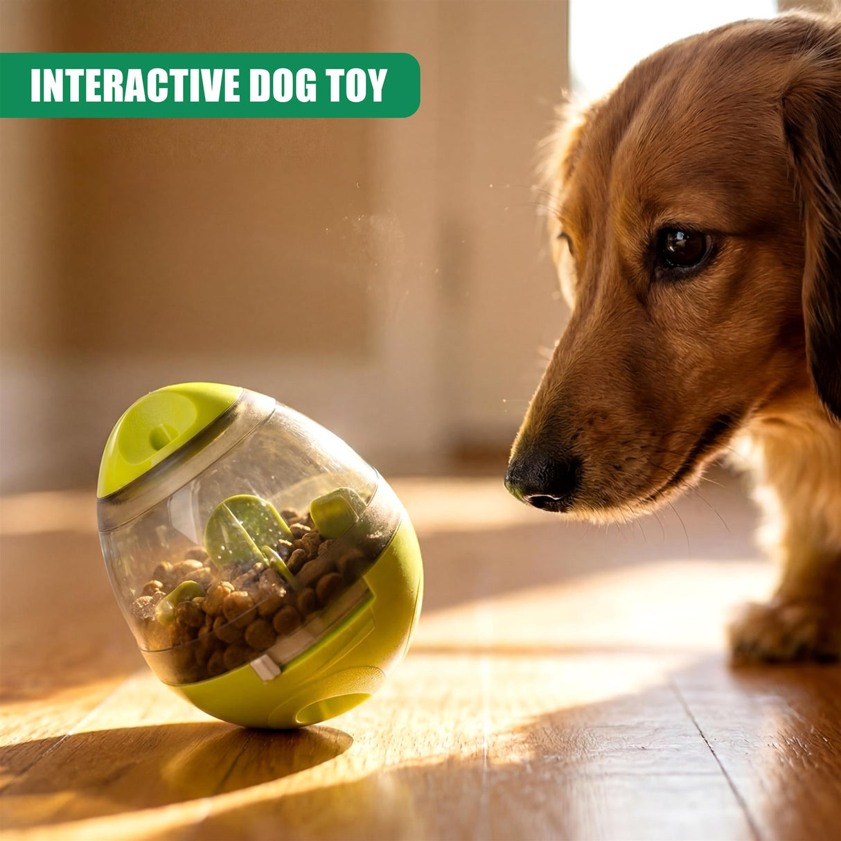 Yellow treat dispensing toy filled with kibble sits on wood floor near a brown dog.