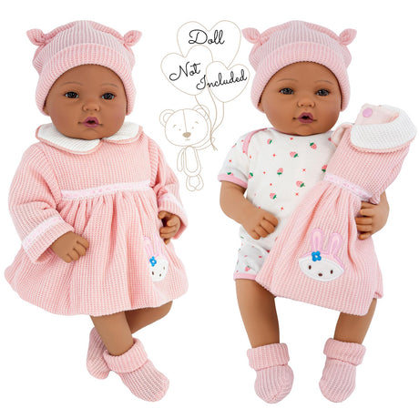 Two dolls display coordinating outfits: knit pink dresses and matching hats.