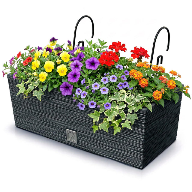 Black rectangular planter box filled with colorful flowers, greenery, and two curved hangers.