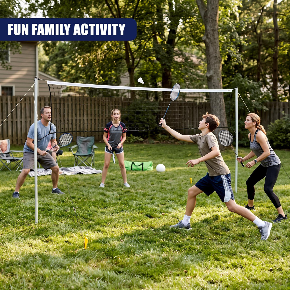 A family playing badminton outdoors on a grassy lawn with a net and rackets