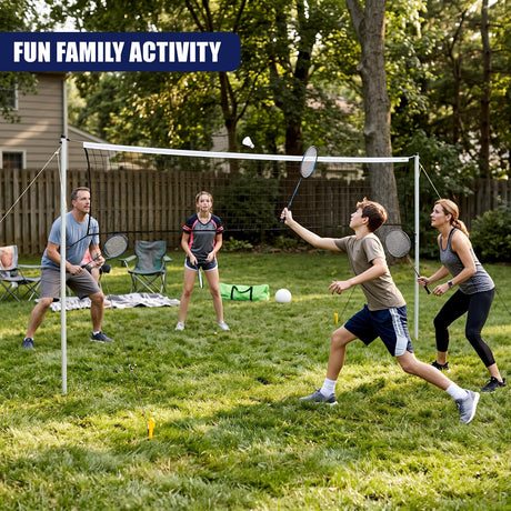 A family playing badminton outdoors on a grassy lawn with a net and rackets