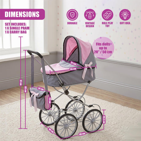 Miniature gray and pink doll pram set, featuring a stroller and matching carrying bag.