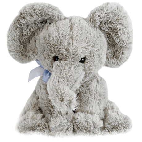 A plush, soft-toy elephant with a gentle, pale grey hue, featuring a large, floppy ear and a sweet, endearing expression. - UKBuyZone
