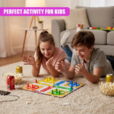 A girl and boy playing a colorful Ludo board game featuring tokens, dice, and game components.