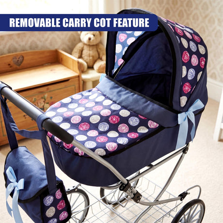 Blue doll's pram with a patterned canopy, navy blue body, and matching attached accessory bag.
