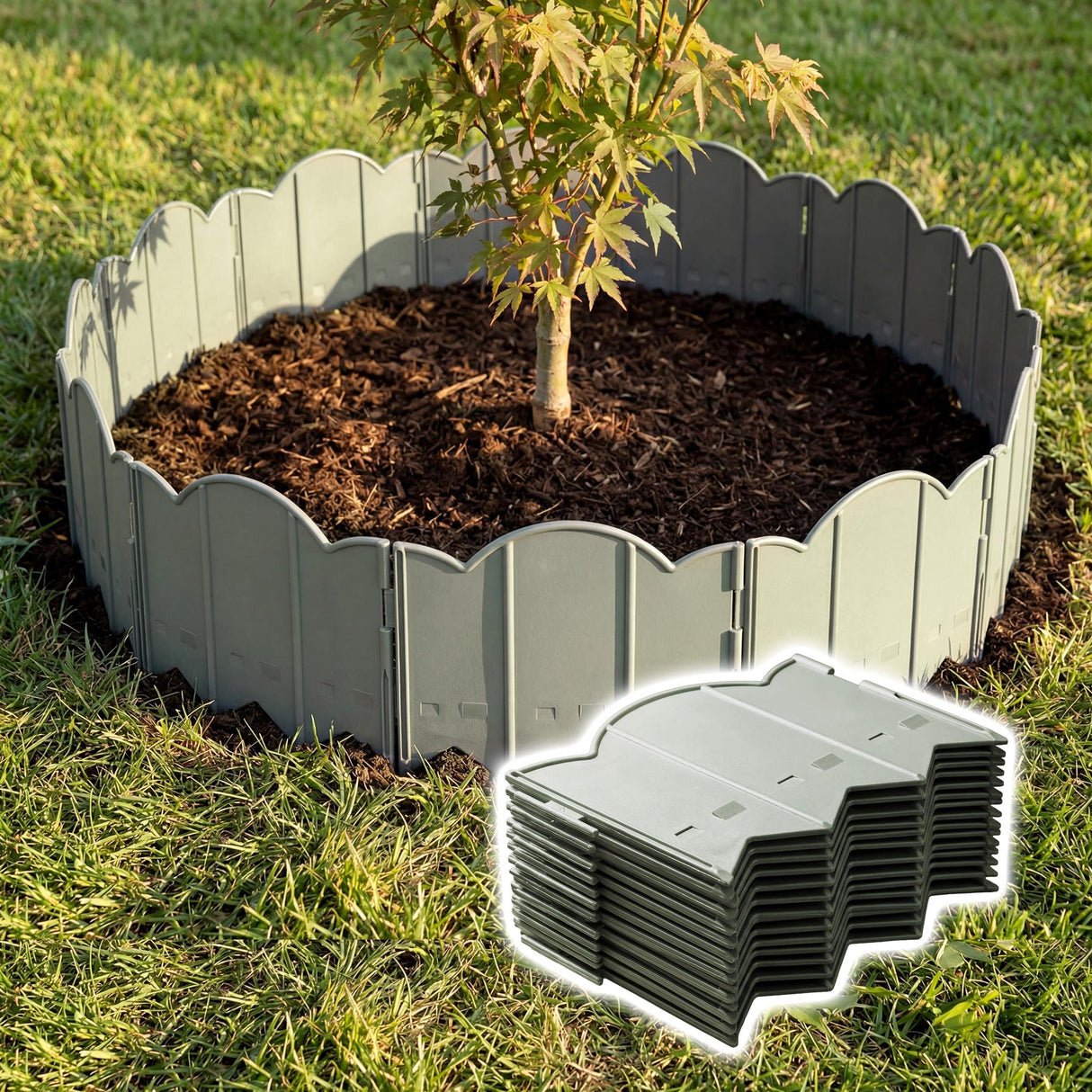 Scalloped, gray garden edging fence installed around a planted area, with stacked sections visible on the ground.