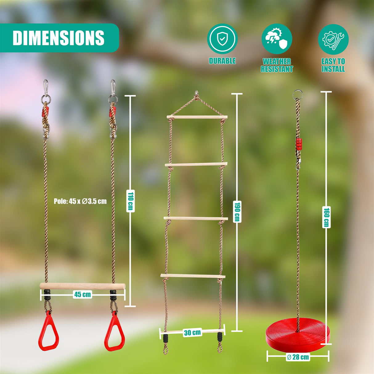 Three hanging outdoor exercise stations: a swing, a rope ladder, and a trapeze seat.