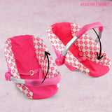 Two pink, heart-patterned baby car seats with adjustable metal handles are displayed for comparison.