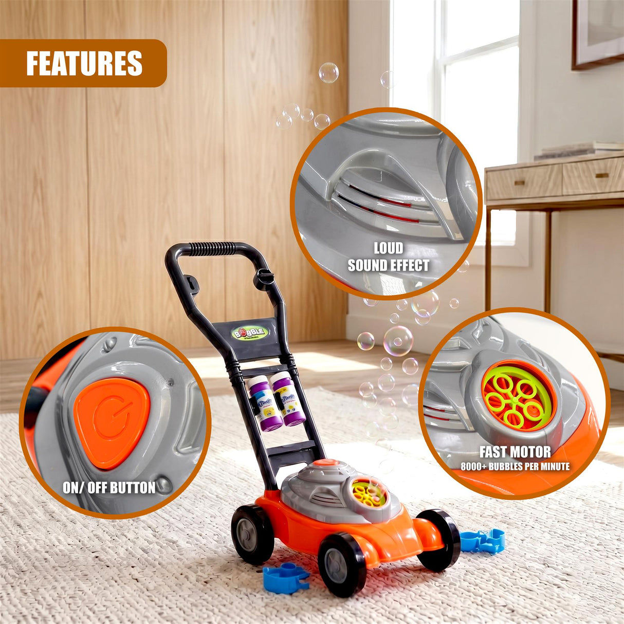 Orange and gray toy bubble machine set includes a motorized base and a detachable bubble wand pump.