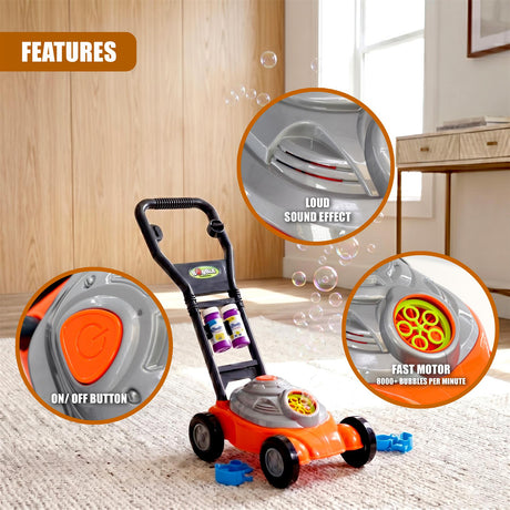 Orange and gray toy bubble machine set includes a motorized base and a detachable bubble wand pump.