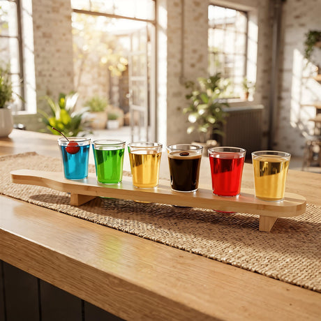 A wooden tray holding six shot glasses filled with blue, green, yellow, brown, red and gold liquids on a kitchen counter