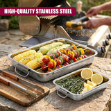 Stainless steel trays hold roasted corn, colorful vegetables, fresh herbs, and sliced lemon on a stone surface.