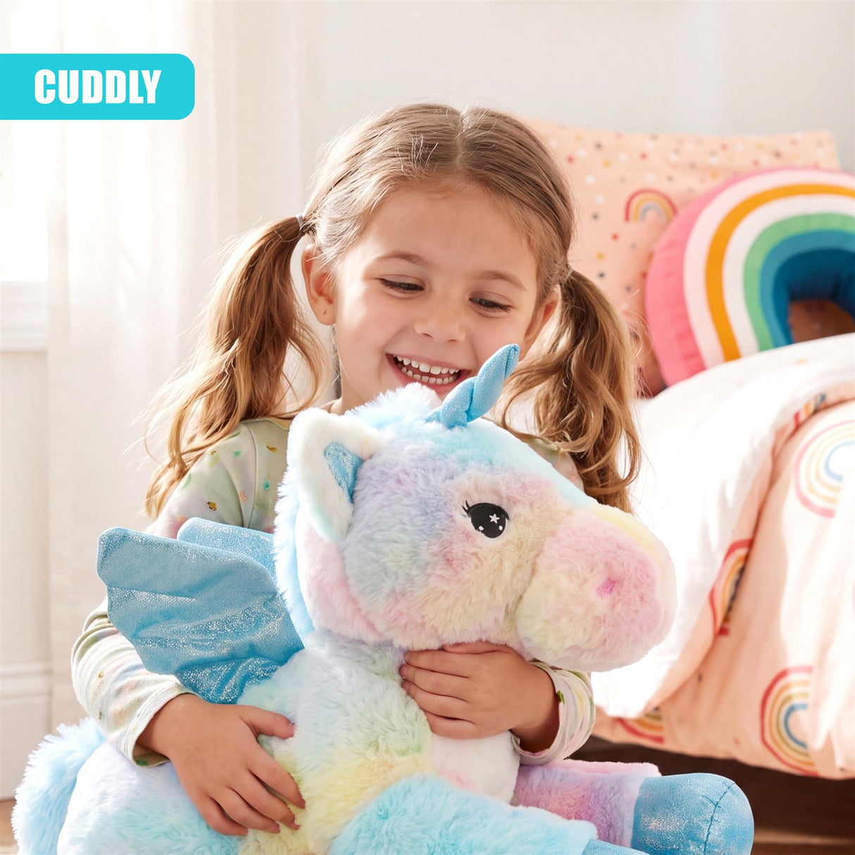 A young girl smiles while hugging a large, plush unicorn toy with blue and pink accents.