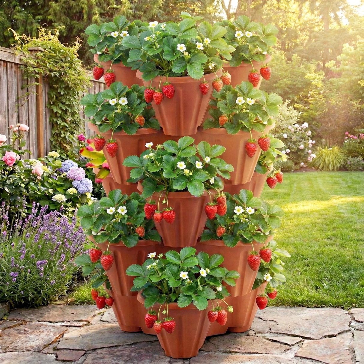 A large stack of red strawberries in individual pots, ready to be planted. - UKBuyZone
