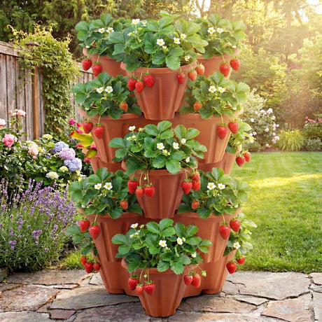 A large stack of red strawberries in individual pots, ready to be planted. - UKBuyZone