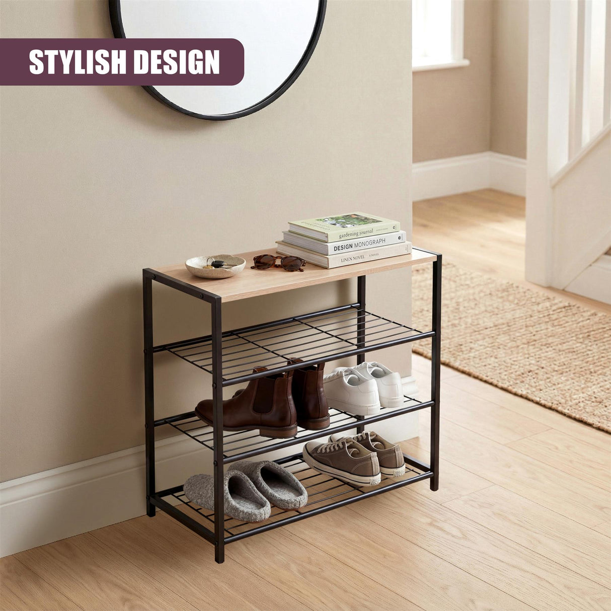 Black three-tiered metal shoe rack displays books on the seat and various pairs of shoes on two shelves.