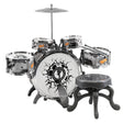 Black and white play drum set includes drums, cymbal, sticks, and a matching child's drum throne.