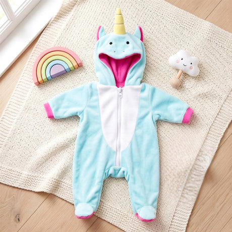 Plush, light blue unicorn romper for dolls, featuring a zipper and hood with visible ears.