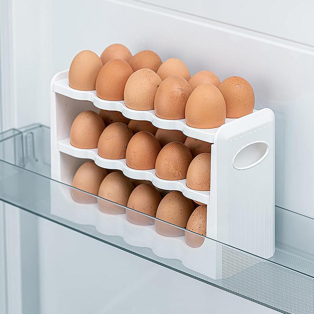 "Egg tray with 24 eggs on a white rack."