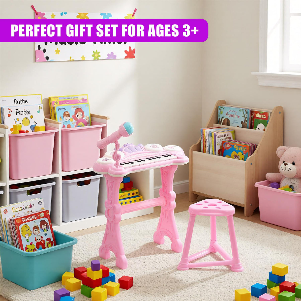 Pink Piano Toy with Microphone and Stool