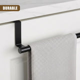 Black towel rail mounted on a white cabinet, holding a folded, textured light gray kitchen towel.