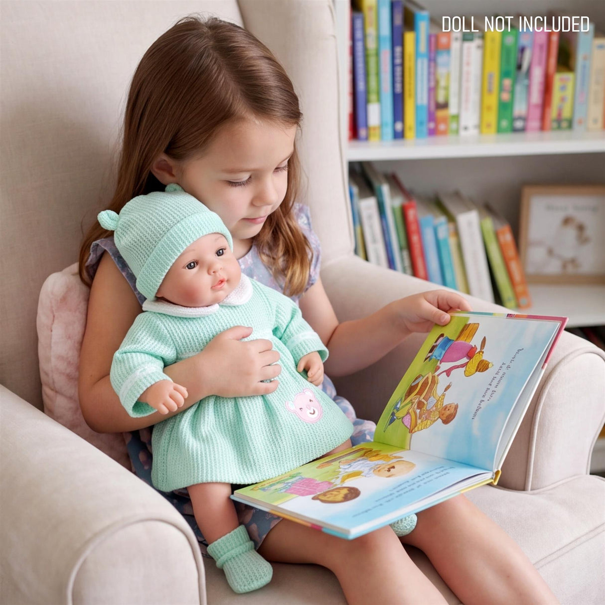 A girl holds a doll wearing a mint green knitted dress and matching hat while looking at a book.