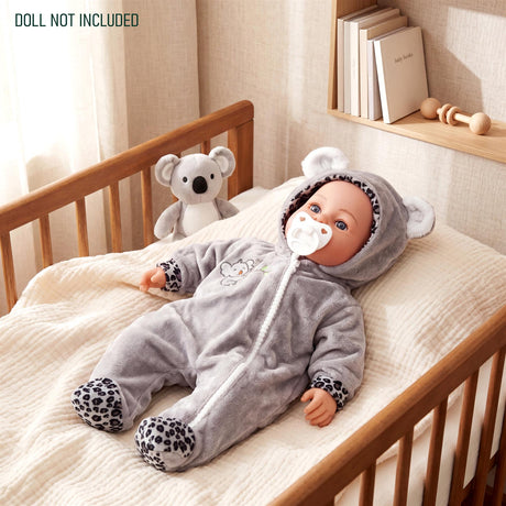 A doll wearing a gray hooded outfit and pacifier rests in a crib with a koala plush toy.
