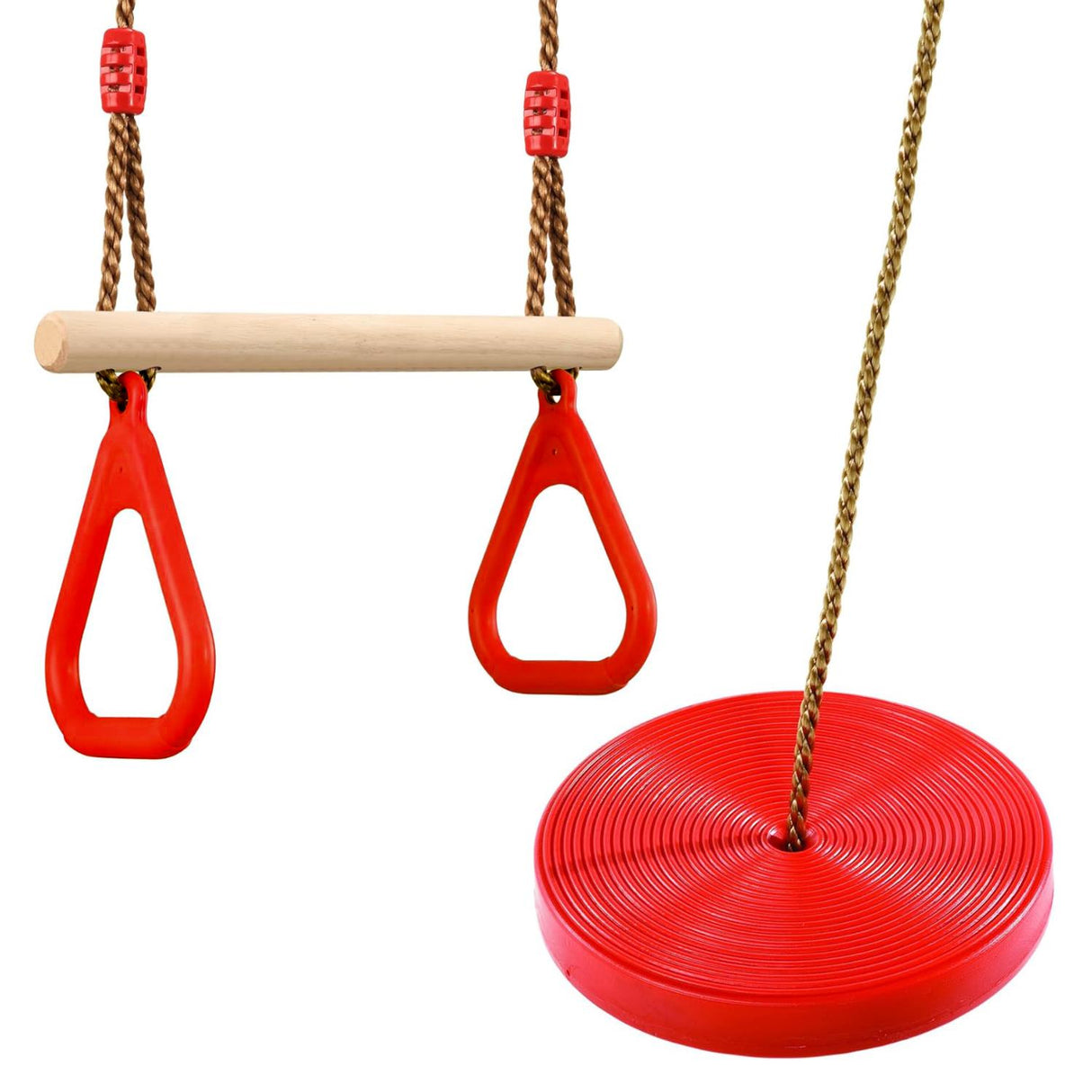 Wooden Trapeze Swing, Rope Ladder & Red Plate Seat