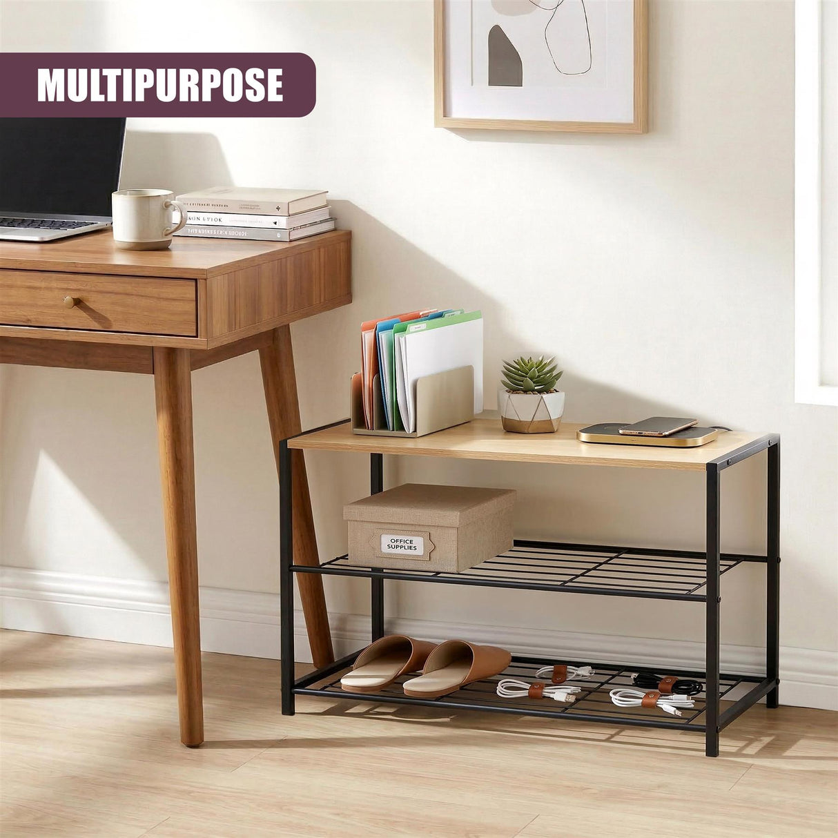 Black, two-tiered metal shoe rack with shelves for footwear and small organizational items.