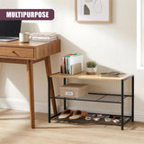 Black, two-tiered metal shoe rack with shelves for footwear and small organizational items.