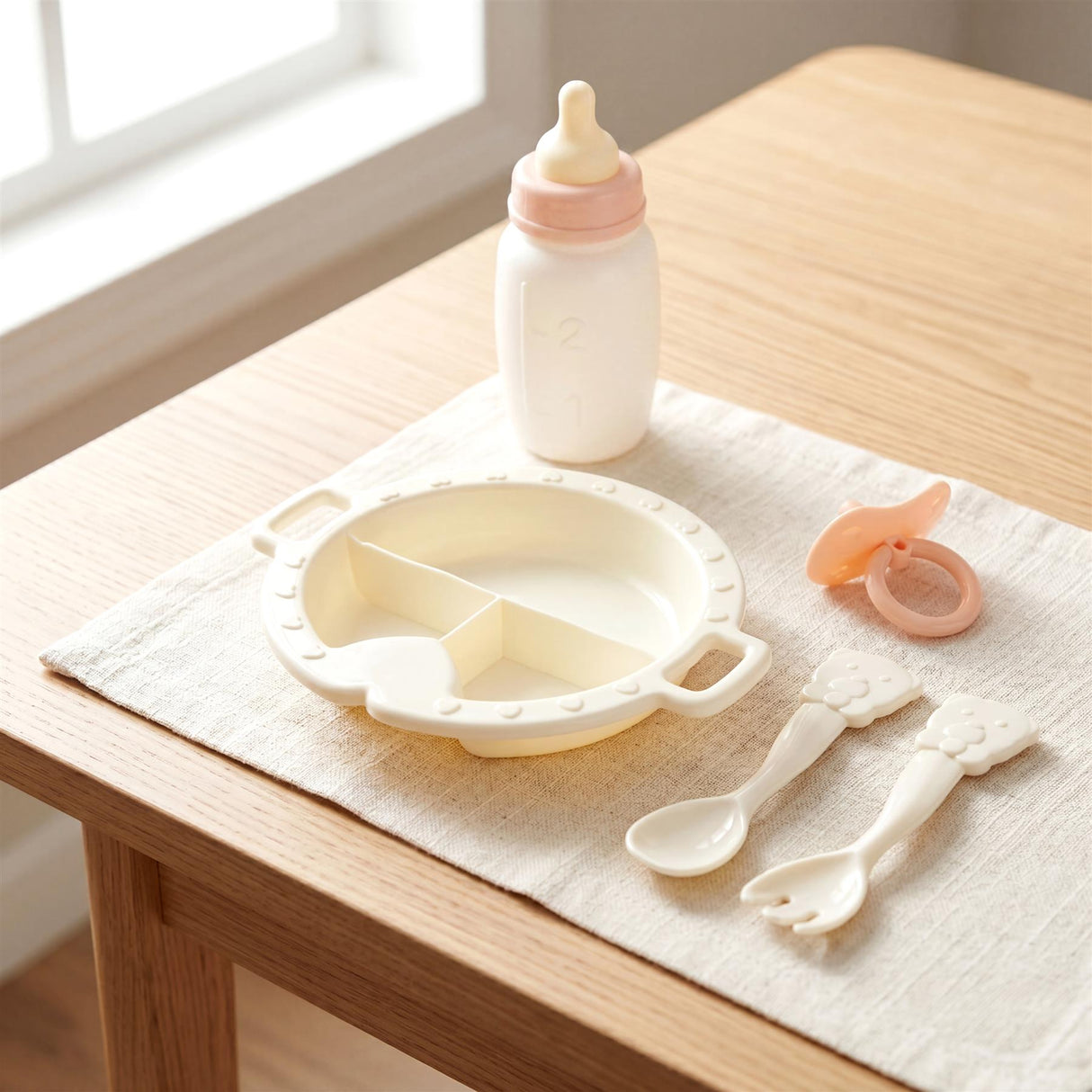 Baby bottle, divided feeding tray, two spoons, and small accessory lay on a cream cloth.