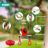 Outdoor play set featuring a rope swing seat, climbing rope ladder, and wooden exercise bars.