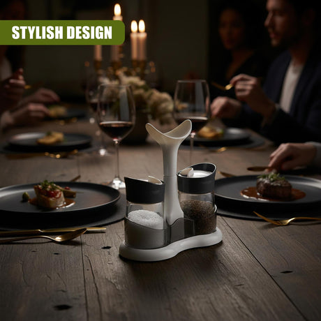 A ceramic salt and pepper shaker set filled with white salt and dark pepper rests on a wooden table.