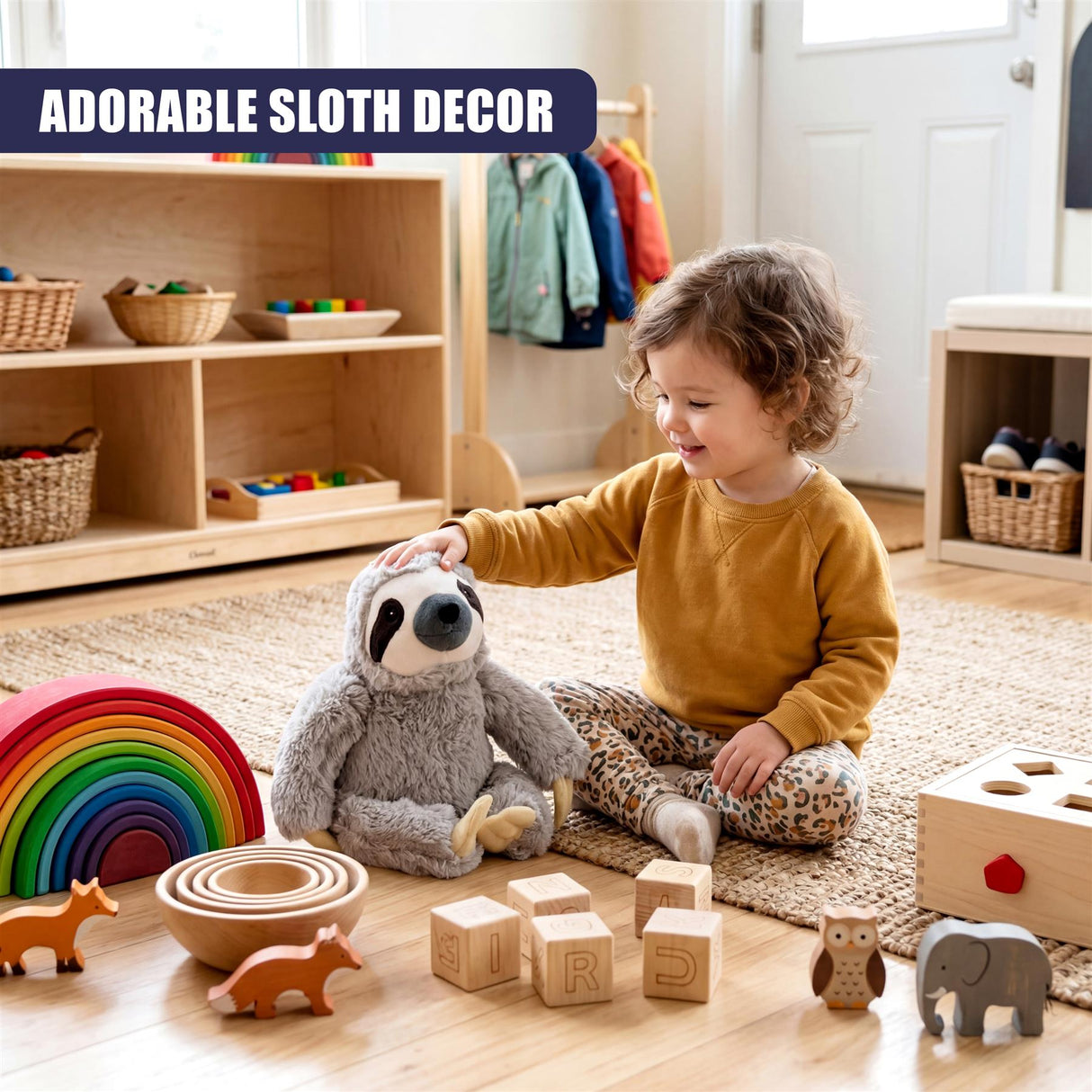 Plush sloth toy and wooden letter blocks sit on a rug, near children's play items.