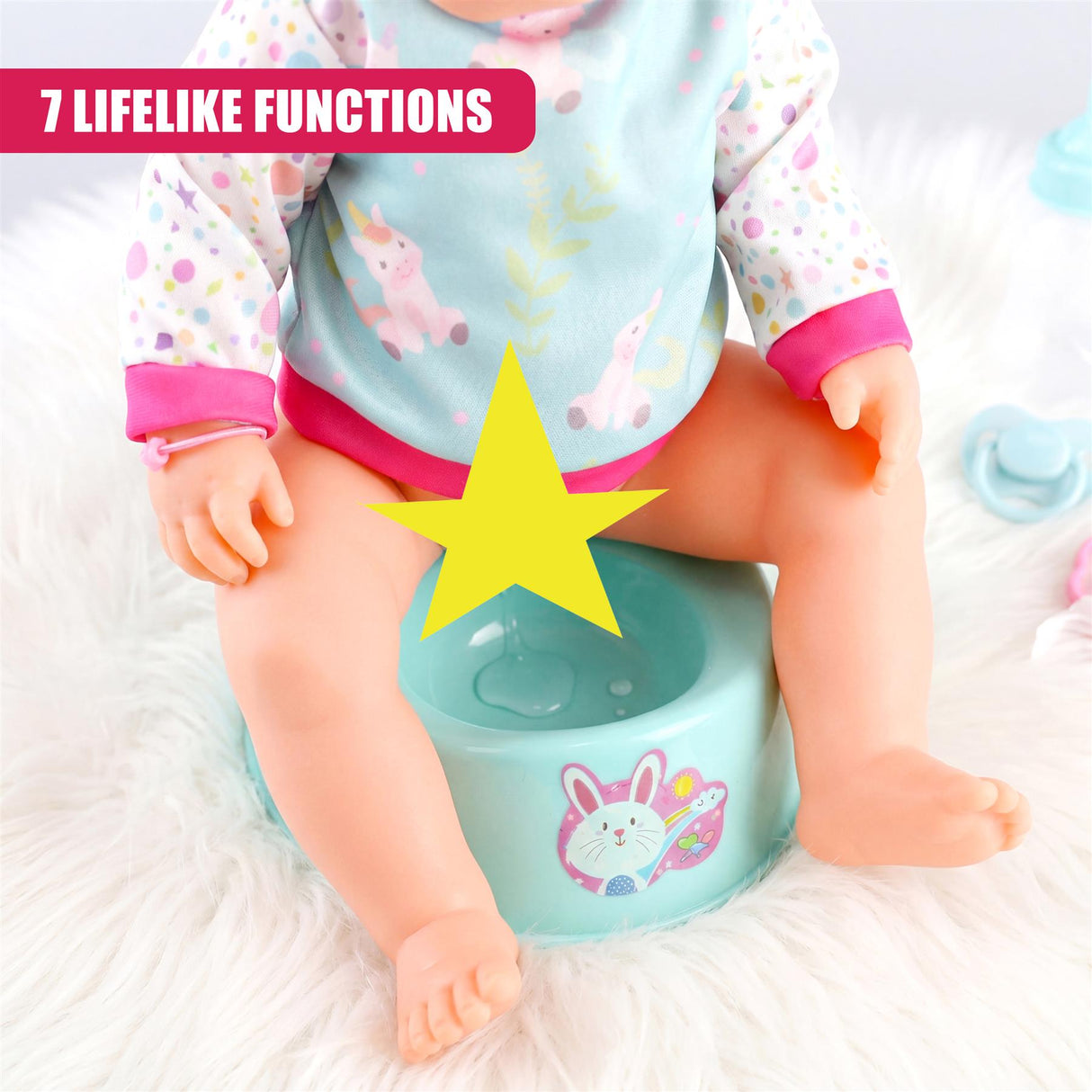 Doll sits on white rug next to a light blue plastic playset designed like a potty chair with a rabbit motif.
