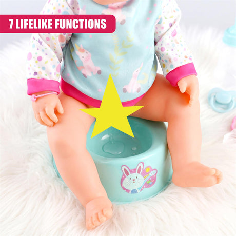 Doll sits on white rug next to a light blue plastic playset designed like a potty chair with a rabbit motif.