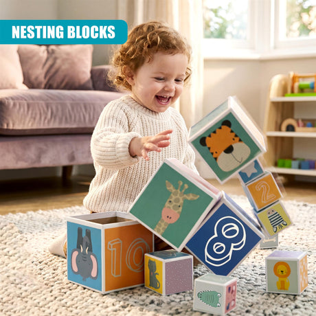 Assortment of stacking blocks with numbers, animal faces, and geometric shapes for play.