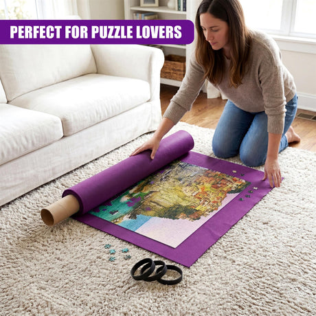 Woman placing a rolled puzzle mat and small black puzzle pieces on a cream carpet.