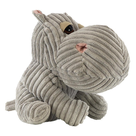 A grey ribbed fabric hippo door stopper with a large nose and brown eyes sits against a white background