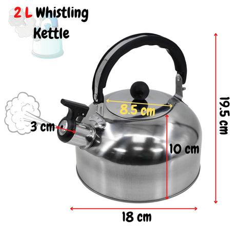 A stainless steel whistling camping kettle.