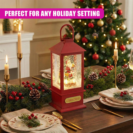 Red decorative lantern featuring a Christmas scene, surrounded by green garlands and lit candles.